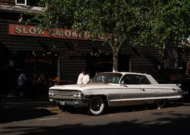 1970s Cadillac Vintage Car in Front of Restaurant