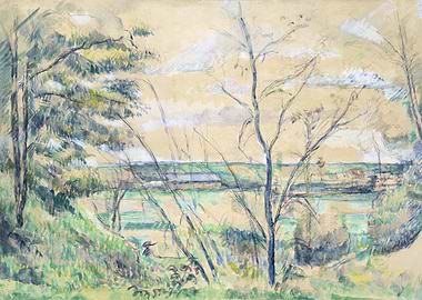 Watercolor Landscape with Trees and Field