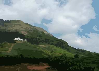 Mountain landscape with building and clouds