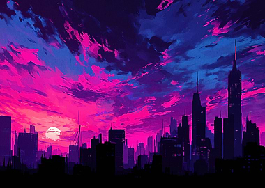 Cityscape at Sunset with Pink Sky