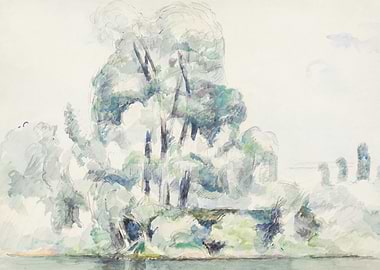 Watercolor Landscape with Trees and Water