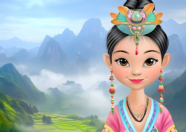 Cartoon Girl with Traditional Asian Headdress