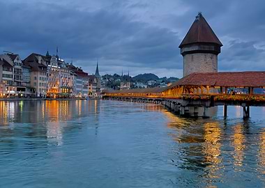 Lucerne, Switzerland: Chapel Bridge at Dusk