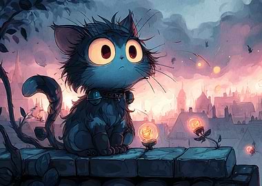 Cartoon Cat on Rooftop at Dusk