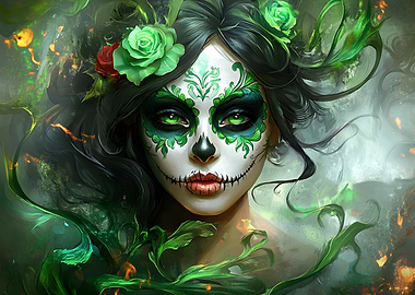 Green Floral Sugar Skull Woman Portrait
