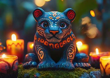 Ornate Jaguar Statue with Candles