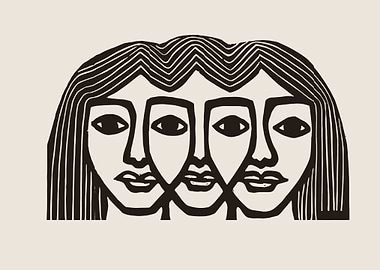 Three Faces Linocut Print