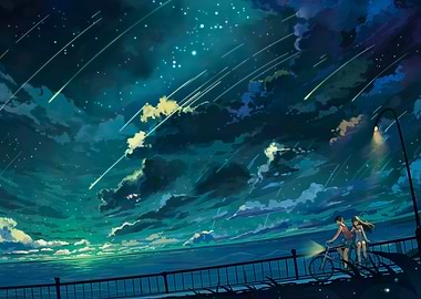 Couple on Bike Under Shooting Stars