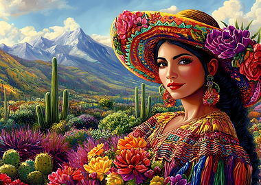 Mexican Woman in Floral Landscape