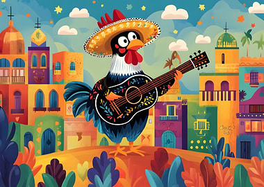 Mexican Rooster with Guitar Illustration