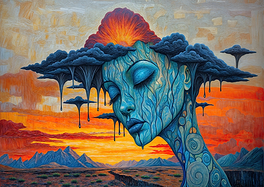 Surreal Blue Woman with Raincloud Hair in Fiery Landscape