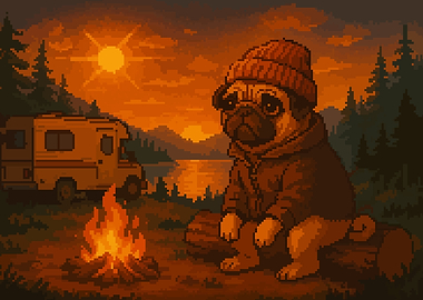 Pixel Art Pug Camping Cute Retro Dog Art