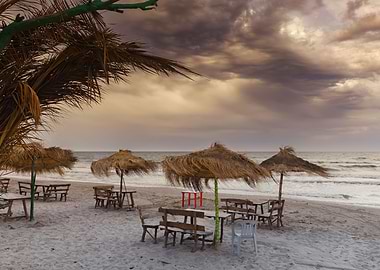 Beach Umbrellas and Tables at Dusk, Tunisia