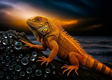 Golden Iguana on Rock with Water Droplets