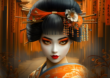 Geisha Portrait with Orange Torii Gates