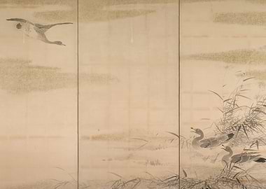 Japanese Screen Painting with Ducks