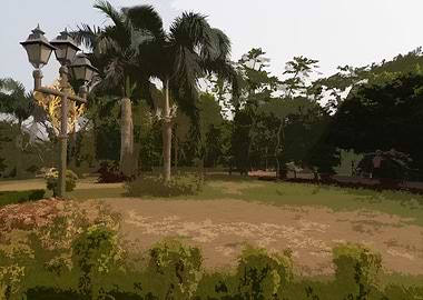 Tropical Park Landscape with Streetlight