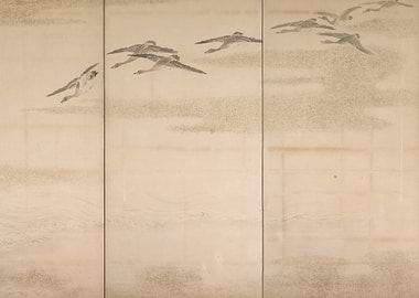 Japanese Screen with Flying Geese