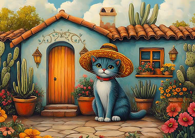 Cat with Sombrero in Mexican Courtyard