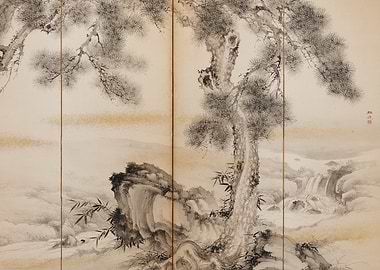 Japanese Landscape Painting with Pine Trees