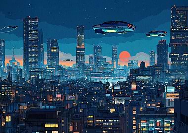 Futuristic Cityscape with Flying Vehicles
