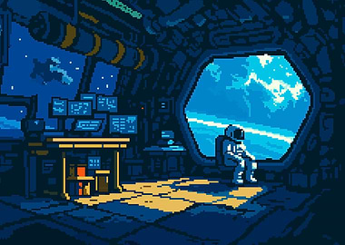 Pixel Art Retro Spaceman in Space Station