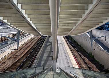 Train station platform under modern structure