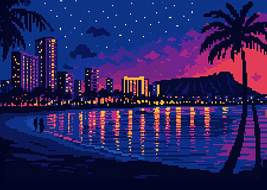Pixel Art Hawaiian Waikiki Nightscape Retro Synth