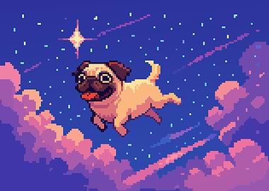 Retro Pug Pixel Art Starry Sky Funny Cute Dog