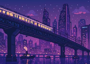 Retro Pixel Art Future Cyberpunk Cityscape with Train Scifi Theme