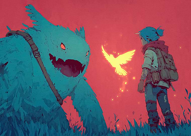 Girl Monster Glowing Bird