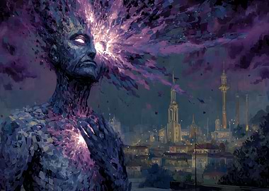 Abstract Figure with Cityscape Background