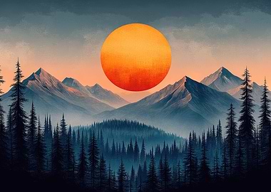 Mountain Landscape with Sun and Trees