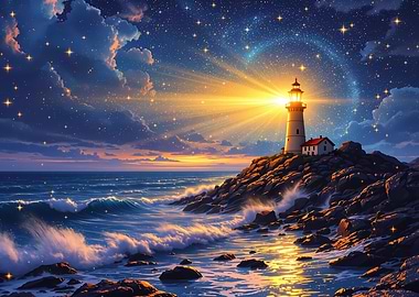 Lighthouse at Night with Starry Sky seascape