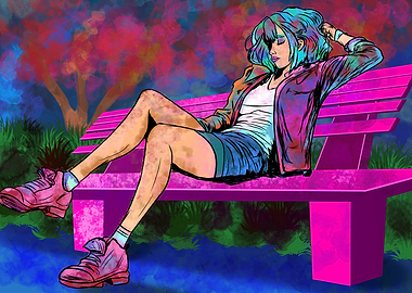 Girl Resting on Bench in Park