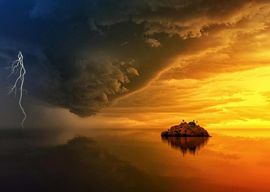 Island Under Stormy Sky with Lightning