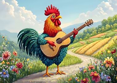 Rooster playing guitar in a field