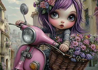 Girl on Scooter with Flowers