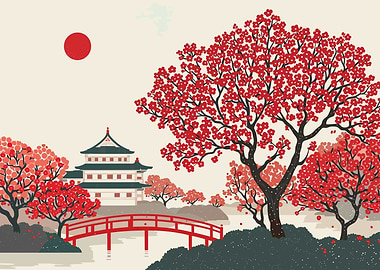 Japanese Landscape with Temple and Bridge