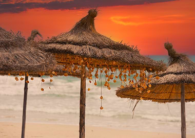 Beach Umbrellas at Sunset, Tunisia
