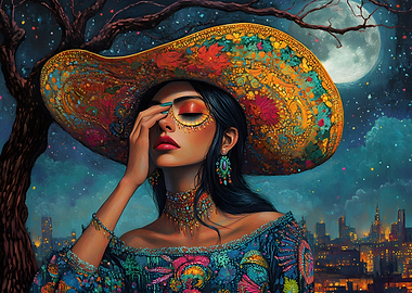 Woman with Sombrero in Night Cityscape