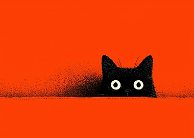 Peeking Black Cat on Orange Background