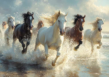 Horses Galloping Through Water