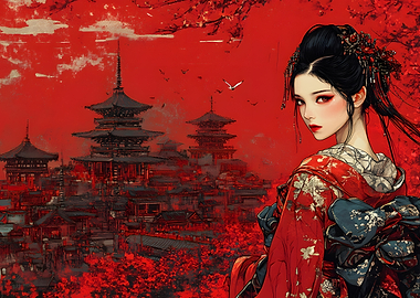 Geisha in Red Landscape