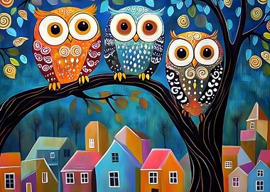 Colorful Owls on Branch Above Town