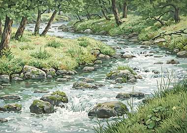 Forest Stream Landscape Painting