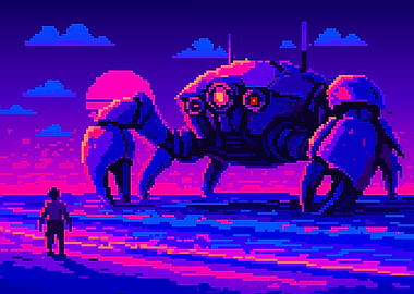 Retro Pixel Art Crab Mech Robot Synthwave