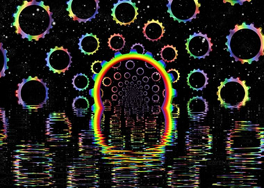 'Rainbow Gears' Fractal Space Art with Reflections