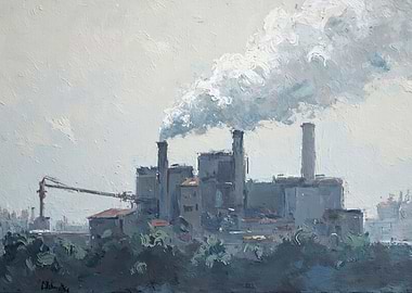Abstract Industrial Factory Painting with Smoke