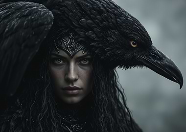 Morrigan dark celtic goddess with raven headdress portrait